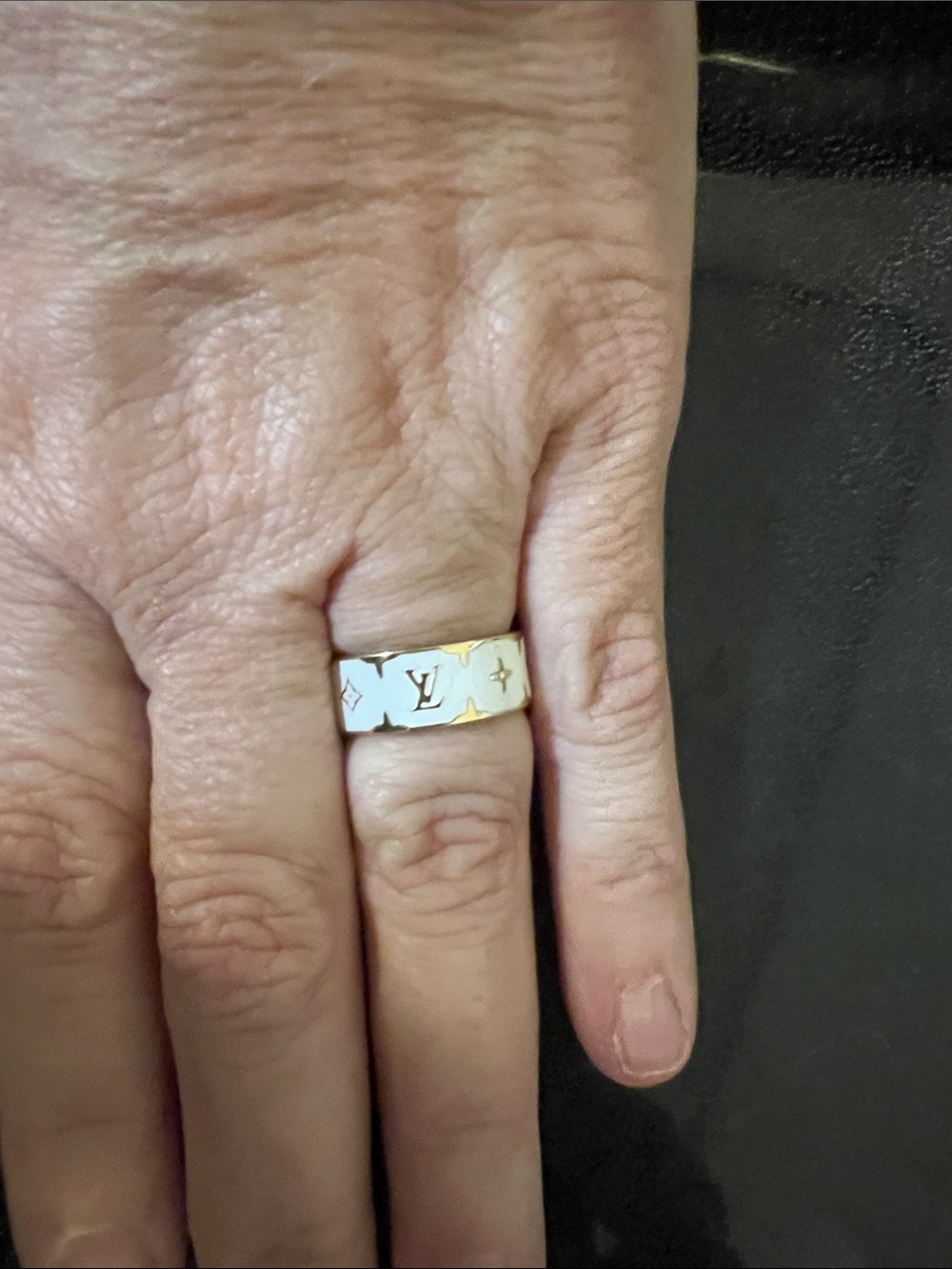 Louis Vuitton White Enamel and Gold Monogram Band Ring